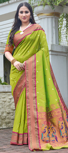 Green color Saree in Silk fabric with Weaving work