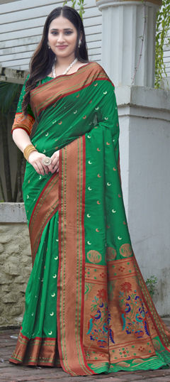 Green color Saree in Silk fabric with Weaving work