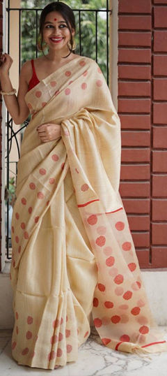 Party Wear, Traditional Beige and Brown color Saree in Linen fabric with Bengali Weaving work : 1961626