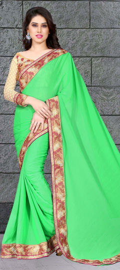 Green color Saree in Faux Chiffon fabric with Border, Embroidered, Resham, Stone, Zari work