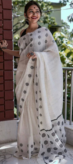 Party Wear, Traditional White and Off White color Saree in Linen fabric with Bengali Weaving work : 1961630