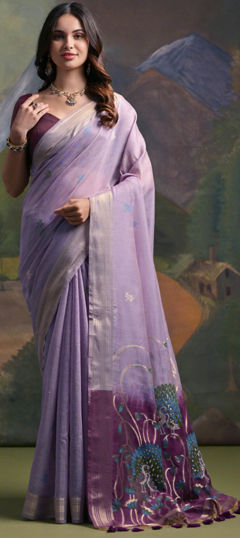 Purple and Violet color Saree in Linen fabric with Resham, Weaving, Zari work