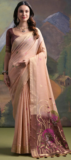 Pink and Majenta color Saree in Linen fabric with Resham, Weaving, Zari work