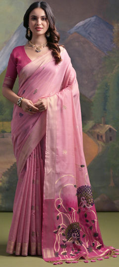 Pink and Majenta color Saree in Linen fabric with Resham, Weaving, Zari work