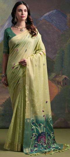 Green color Saree in Linen fabric with Resham, Weaving, Zari work