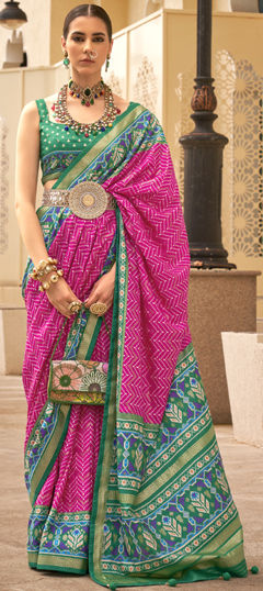 Pink and Majenta color Saree in Silk fabric with Weaving work