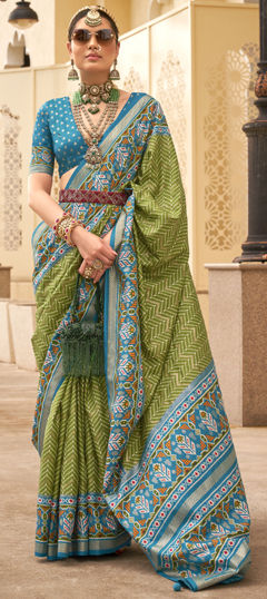 Blue, Green color Saree in Silk fabric with Weaving work