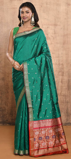 Green color Saree in Banarasi Silk, Silk fabric with Weaving, Zari work