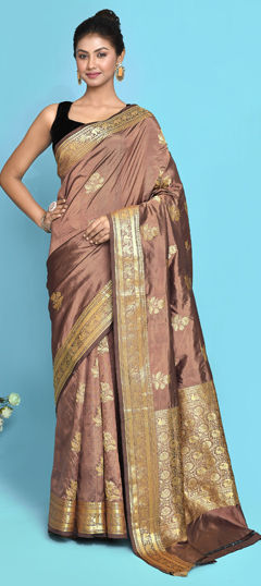 Beige and Brown color Saree in Banarasi Silk, Silk fabric with Weaving, Zari work