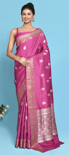 Pink and Majenta color Saree in Banarasi Silk, Silk fabric with Weaving, Zari work