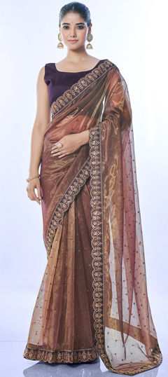 Festive, Party Wear, Reception Beige and Brown color Saree in Organza Silk fabric with Classic Border, Embroidered, Sequence work : 1961718