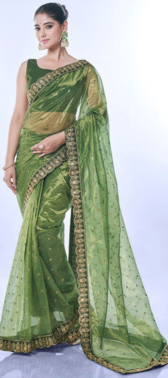 Festive, Party Wear, Reception Green color Saree in Organza Silk fabric with Classic Border, Embroidered, Sequence work : 1961719