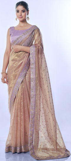 Festive, Party Wear, Reception Beige and Brown color Saree in Organza Silk fabric with Classic Border, Embroidered, Sequence work : 1961720