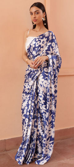 Blue, White and Off White color Saree in Satin Silk fabric with Digital Print, Floral work