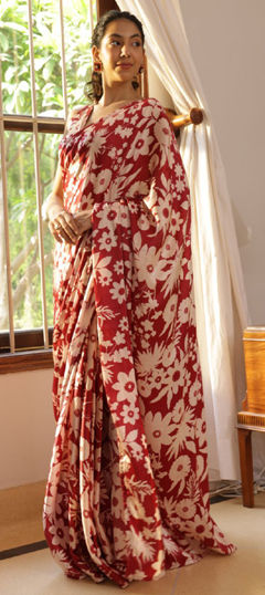 Red and Maroon color Saree in Satin Silk fabric with Digital Print, Floral work