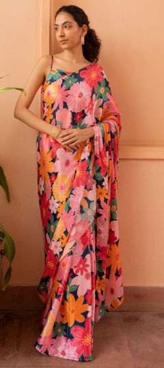 Multicolor color Saree in Satin Silk fabric with Digital Print, Floral work