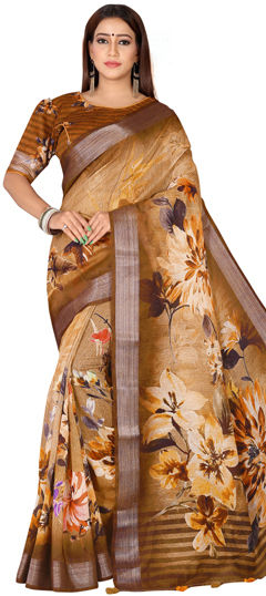 Festive, Traditional Beige and Brown color Saree in Linen fabric with Bengali Digital Print, Floral, Zari work : 1961817