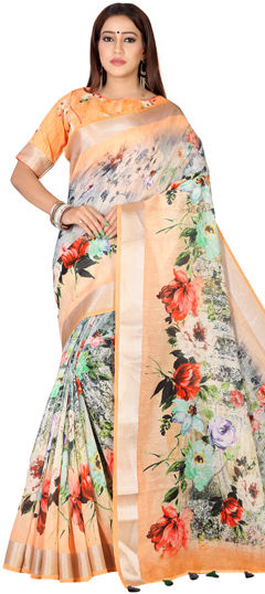 Festive, Traditional Pink and Majenta color Saree in Linen fabric with Bengali Digital Print, Floral, Zari work : 1961818