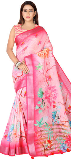 Festive, Traditional Pink and Majenta color Saree in Linen fabric with Bengali Digital Print, Floral, Zari work : 1961819