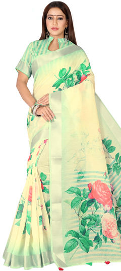 Festive, Traditional Green color Saree in Linen fabric with Bengali Digital Print, Floral, Zari work : 1961820