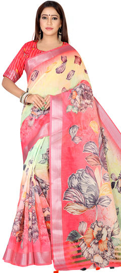 Festive, Traditional Pink and Majenta color Saree in Linen fabric with Bengali Digital Print, Floral, Zari work : 1961821