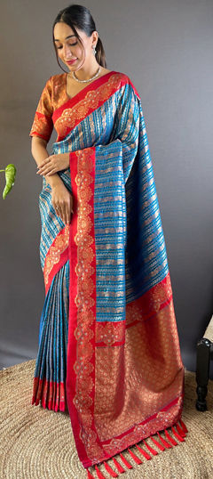 Festive, Traditional, Wedding Blue color Saree in Silk fabric with South Weaving, Zari work : 1961824