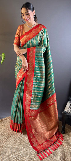 Festive, Traditional, Wedding Green color Saree in Silk fabric with South Weaving, Zari work : 1961825