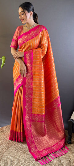 Festive, Traditional, Wedding Orange color Saree in Silk fabric with South Weaving, Zari work : 1961826