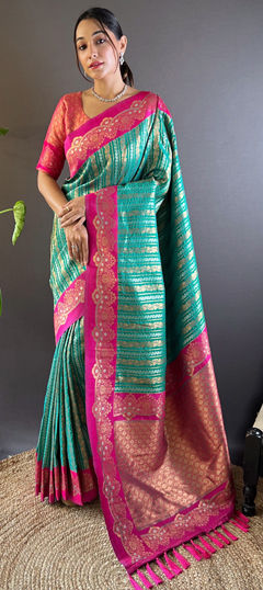 Festive, Traditional, Wedding Green color Saree in Silk fabric with South Weaving, Zari work : 1961827