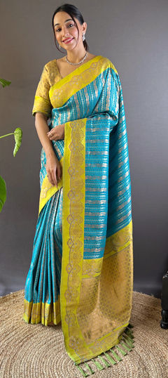 Festive, Traditional, Wedding Blue color Saree in Silk fabric with South Weaving, Zari work : 1961828