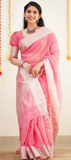 Party Wear, Traditional Pink and Majenta color Saree in Linen fabric with Bengali Weaving work : 1961860