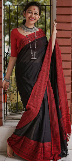 Party Wear, Traditional Black and Grey color Saree in Linen fabric with Bengali Weaving work : 1961863