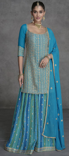 Blue color Salwar Kameez in Georgette fabric with Embroidered, Sequence, Thread, Zari work