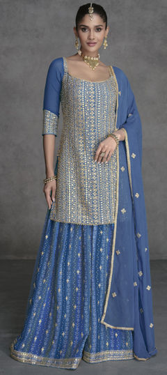 Blue color Salwar Kameez in Georgette fabric with Embroidered, Sequence, Thread, Zari work