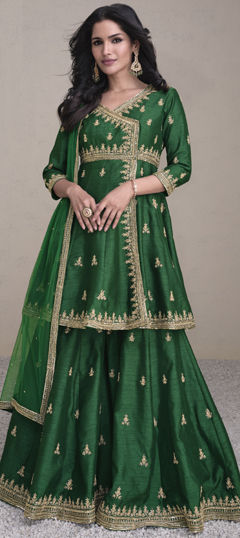 Mehendi Sangeet, Wedding Green color Salwar Kameez in Silk fabric with Angrakha, Palazzo Sequence work : 1961888