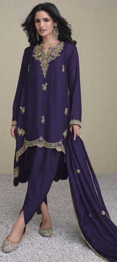 Festive, Party Wear, Reception Blue color Salwar Kameez in Silk fabric with Asymmetrical, Dhoti Sequence work : 1961889