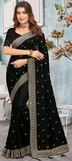 Black and Grey color Saree in Faux Georgette fabric with Embroidered, Thread, Zari work