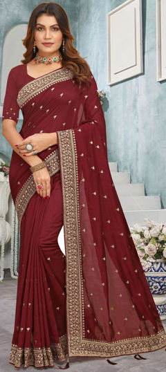 Red and Maroon color Saree in Faux Georgette fabric with Embroidered, Thread, Zari work