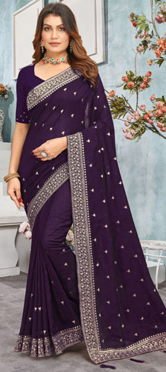 Purple and Violet color Saree in Faux Georgette fabric with Embroidered, Thread, Zari work