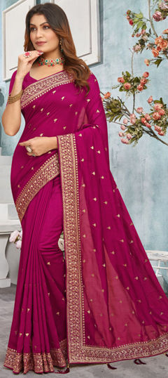 Pink and Majenta color Saree in Faux Georgette fabric with Embroidered, Thread, Zari work