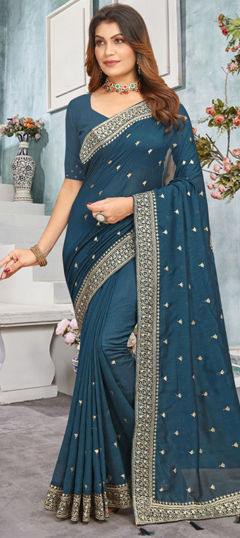 Blue color Saree in Faux Georgette fabric with Embroidered, Thread, Zari work