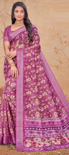 Pink and Majenta color Saree in Linen fabric with Digital Print, Floral work