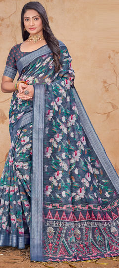 Black and Grey color Saree in Linen fabric with Digital Print, Floral work