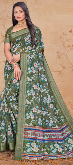 Green color Saree in Linen fabric with Digital Print, Floral work