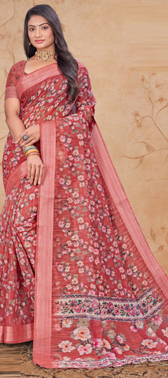 Pink and Majenta color Saree in Linen fabric with Digital Print, Floral work