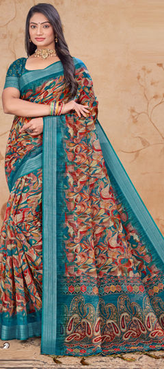 Beige and Brown color Saree in Linen fabric with Digital Print, Floral work