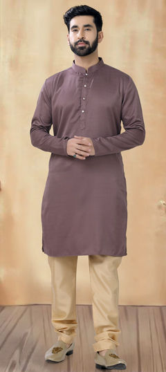 Beige and Brown color Kurta Pyjamas in Cotton fabric with Thread work