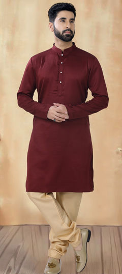 Red and Maroon color Kurta Pyjamas in Cotton fabric with Thread work