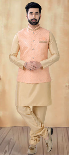 Gold color Kurta Pyjama with Jacket in Silk fabric with Embroidered, Sequence, Thread work