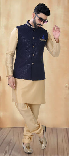 Gold color Kurta Pyjama with Jacket in Silk fabric with Embroidered, Sequence, Thread work